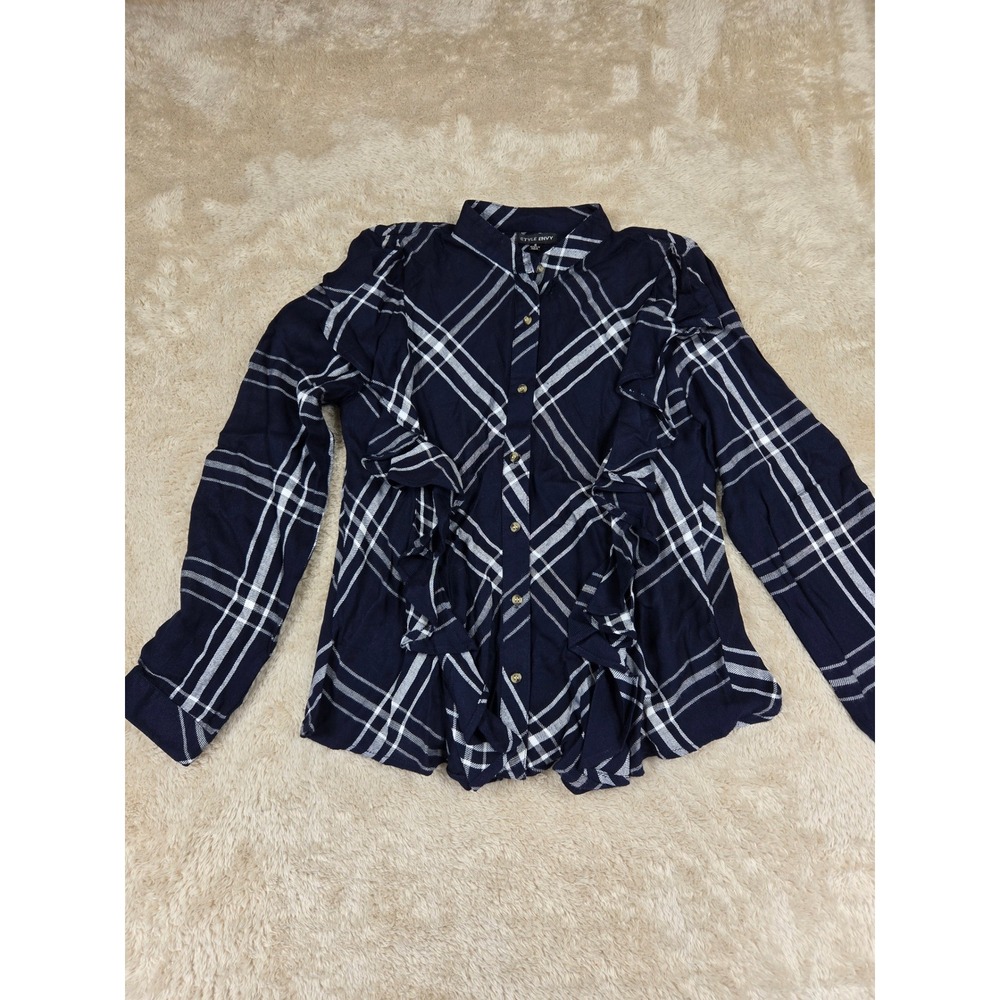 Style Envy Navy White Plaid Button Front Ruffle Peplum Blouse Shirt Women'sâ S